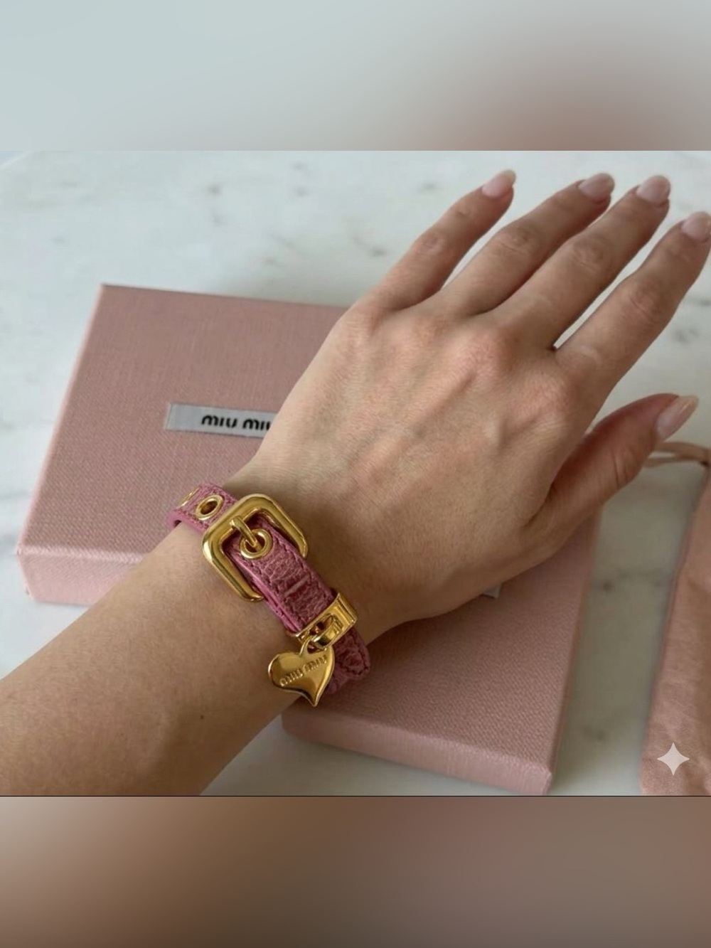 Miu Miu Rose Pink Leather Bracelet with Gold Heart Charm